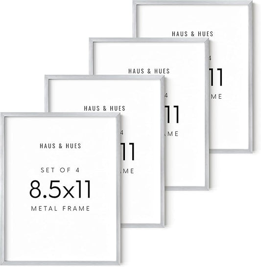 HAUS AND HUES 8.5x11 Silver Metal Picture Frames - Features Premium Aluminum, Vertical & Horizontal Hang, Shatterproof Plexiglass - Perfect for Home, Room, Office (8.5x11 in, Silver, Set of 4)