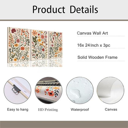 KISSFOX 3 Piece Boho Floral Canvas Wall Art For Bedroom Cottagecore Wild Flower Wall Art Colorful Nature Modern Botanical Art Prints For Nursery Living Room,16x24 in