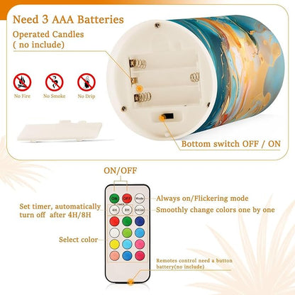 ALAZA Orange Teal Blue Marble Flickering Flameless Candles Battery Operated with Remote Timer,Tea Light Candles LED Pillar Votive Candles Set of 2 for Outdoor Indoor Decorations
