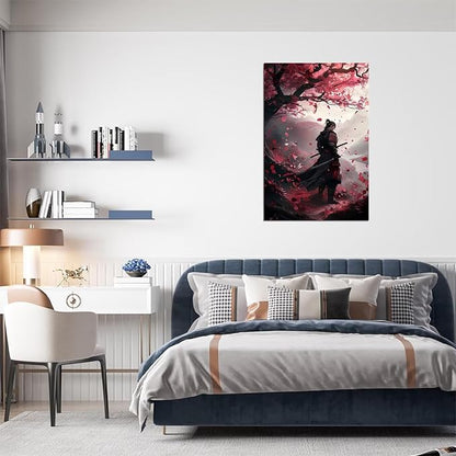 Japanese Samurai Wall Art Japan Warrior Plum Painting Canvas Prints Black and Red Picture Modern Watercolor Painting for Bedroom Living Room Office Home Decoration Framed (24''W x 36''H)