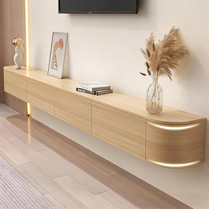 102.3" Floating TV Stand Fully Assembled, Wall Mounted Entertainment Center Media Console Cabinet with Curved Edge, Floating TV Console Table with Storage Drawers & Door, for Living Room TVs
