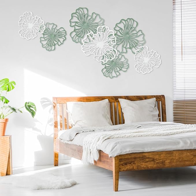 7 Piece Metal Wall Decor for Living Room, Boho Double Layered Iron Flower Wall Hanging Art, Aesthetic Indoor Metal Wall Sculpture Decor for Bedroom Kitchen Bathroom Farmhouse Home Office, Green-White