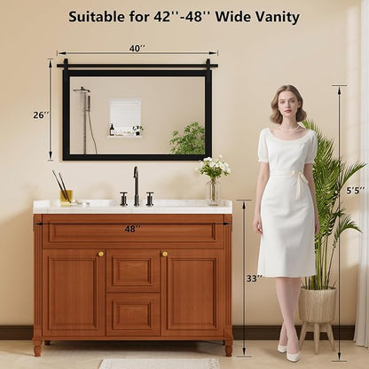 Black Farmhouse Mirror for Wall, 40x26INCH Large Wood Framed Square Bathroom Mirrors for Vanity, Barn Door Style Mirrors Wall Mounted Dresser Decor Mirror Living Room Bedroom Horizontal