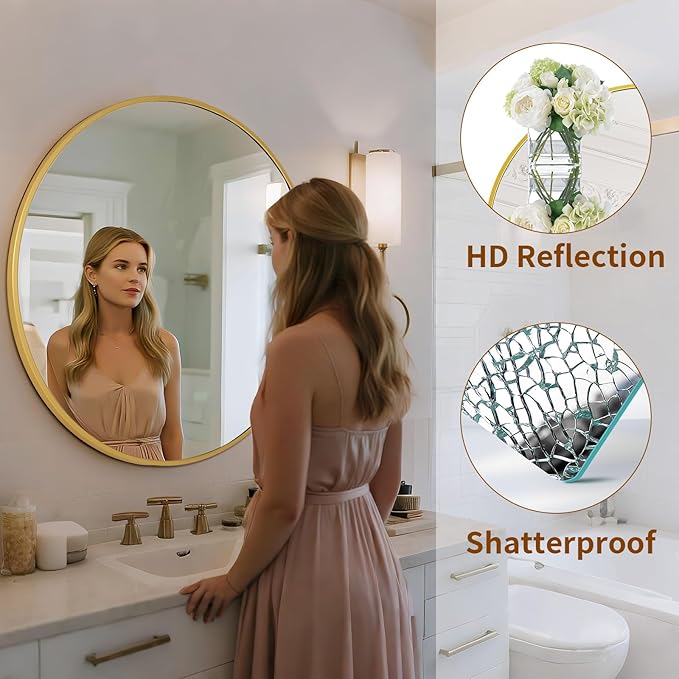 Round Mirror Wall Mounted Mirror - 28" Circle Mirror Bathroom Vanity Mirror with Aluminum Frame for Bedroom Living Room, Entryway Decor Gold Mirror