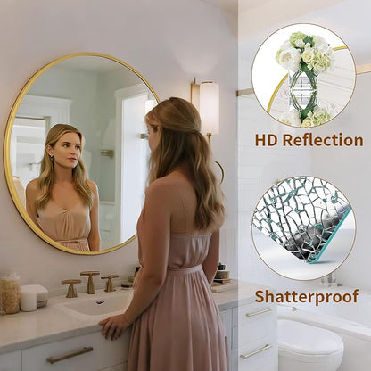 Round Mirror Wall Mounted Mirror - 28" Circle Mirror Bathroom Vanity Mirror with Aluminum Frame for Bedroom Living Room, Entryway Decor Gold Mirror