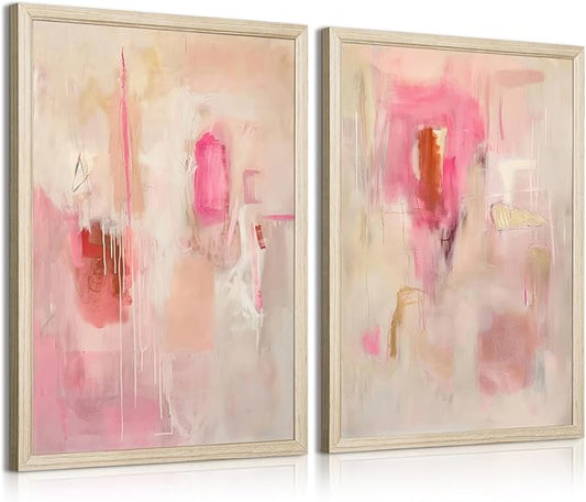 Tocliky Abstract Wall Art Neutral Modern Canvas Painting Decor Pink Beige Minimalist Wall Art Contemporary Abstract Poster Artwork for Living Room Bedroom 12x16 Inch Wood Frame Set of 2