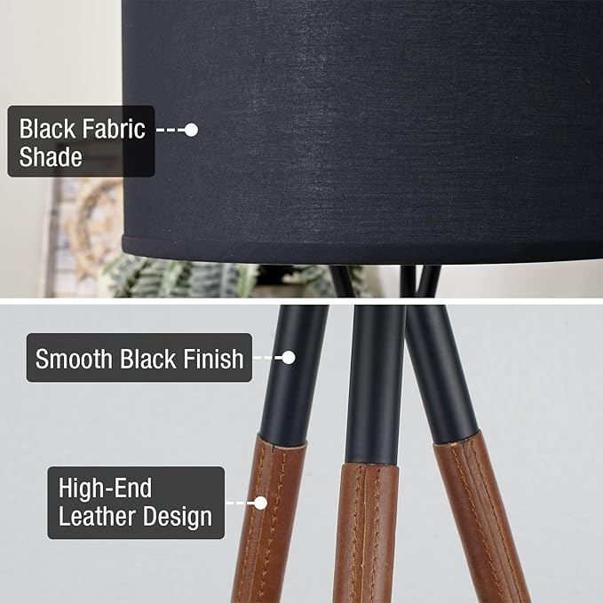 Kira Home Sadie 61" Modern Tripod Floor Lamp with Black Linen Drum Shade, Cross-Leg Standing Light with 9W LED Bulb and Leather Accent, Black Finish