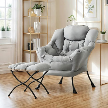 Lazy Chair with Ottoman, Large Light Grey Accent Chair with Ottoman, Comfy Reading Armchair, Leisure Sofa Chair for Living Room, Bedroom, Dorm Room, Office
