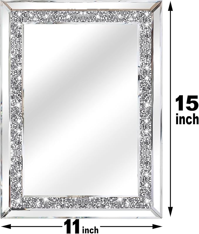 ZOLAPI 2PCS Crystal Rhinestone Diamond Wall Mirror.Brilliant Hand-Spliced Glass Mirror.Accent Decorative Mirror for Hallway/Bathroom/Bedroom（11”x15”）
