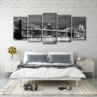 Wieco Art Large Brooklyn Bridge Night View Modern Giclee Canvas Prints Artwork Landscape Pictures to Photo Paintings on Stretched and Framed Canvas Wall Art for Home Decorations