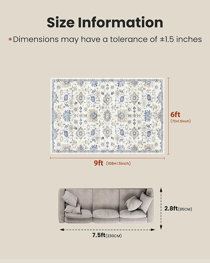 AMADA HOMEFURNISHING 6x9 Area Rugs, Blue Low-Profile Washable Rug with Non-Slip Backing & Durable Edge Binding, Vintage Rugs for Living Room, Bedroom, Dining Room