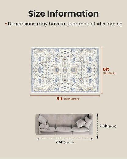 AMADA HOMEFURNISHING 6x9 Area Rugs, Blue Low-Profile Washable Rug with Non-Slip Backing & Durable Edge Binding, Vintage Rugs for Living Room, Bedroom, Dining Room