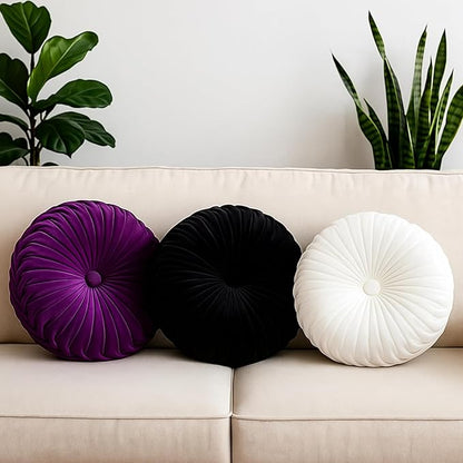 Beeveer 3 Pcs Round Throw Velvet Pillows Classy Accent Pumpkin Throw Pillows 15 Inch Decorative Cushion for Couch Chair Bed Car, 2 Styles(Black, Purple, White)