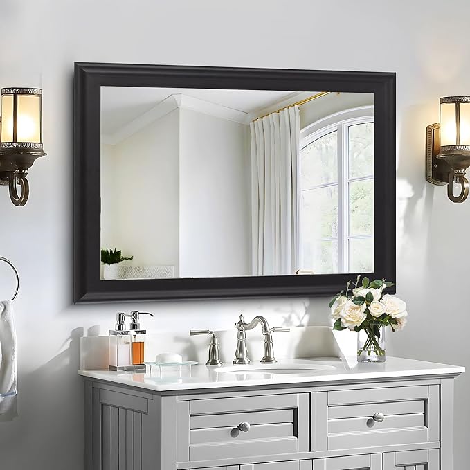 Black Wood Mirror for Bathroom,Rectangle Rustic 30 x 40 inch Vanity Mirror for Wall,Wooden Wall-Mounted Hanging Mirror for Entryway,Bedroom or Living Room