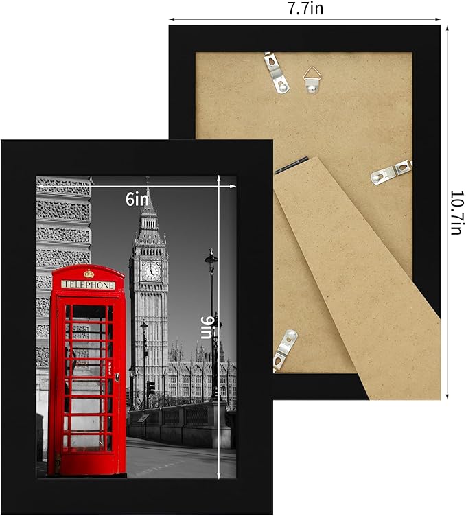 iRahmen 6x9 Picture Frame Set of 2 with HD Glass, Black Wood Photo Frames for Horizontal or Vertical Tabletop and Wall Mounting