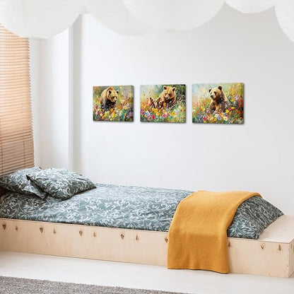 sechars Bear Wall Art Canvas Bears in Wildflower Meadow Picture Print Wildlife Paintings Farmhouse Kitchen Decor