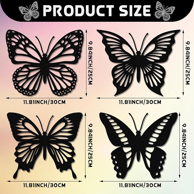 Qunclay 4 Pcs Wooden Butterfly Wall Decor Large Butterfly Wall Art Boho Home Hanging Modern Sculpture Decorations Modernist Signs for Living Room Bathroom Yard Gallery Indoor Outdoor(Black)
