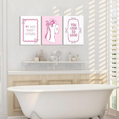 JBZDD 3Pcs Pink Bow Bathroom Canvas Wall Art Bowknot Coquette Posters Prints Preppy Picture Decor For Bathroom Washroom Restroom 16x12in Framed