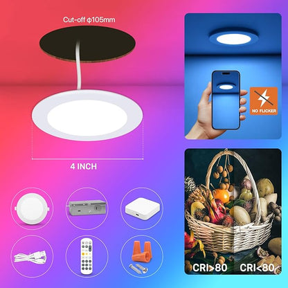 12Pack Smart RGB Recessed Lighting 4Inch,Ultra-Thin Canless LED Downlight,2.4GHz Wi-Fi Bluetooth, 2700K-6500K, 9W 2640lm,Work with Tuya App,Alexa,Google Assistant,Sync Music