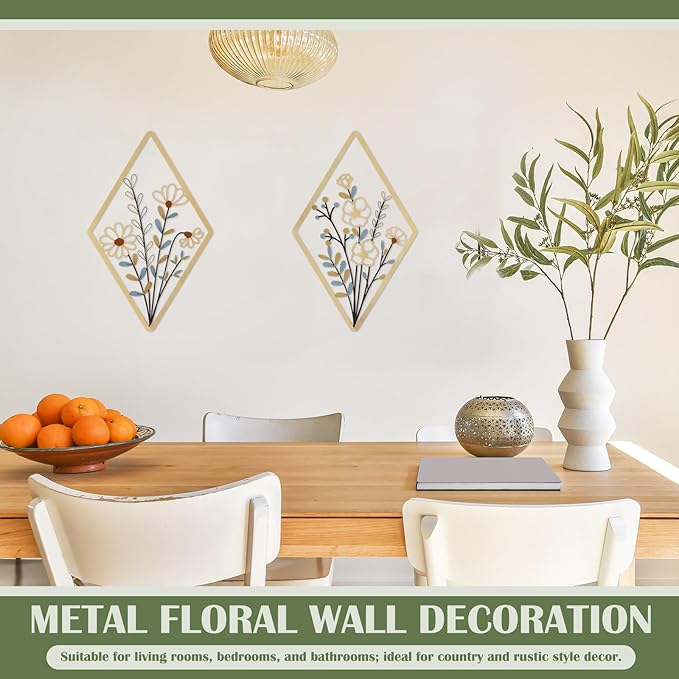PullCrease 2 Pcs Metal Wall Art, Metal Flower Wall Decor, Modern Floral Art for Living Room, Bedroom, Bathroom, Rustic Farmhouse Decor, Sculpture Kitchen Decoration (Boho)