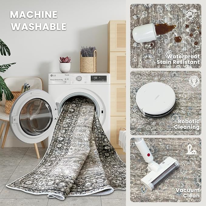 9x12 Area Rugs Grey and Brown Washable Rug for Living Room, Dining Room, Bedroom, Large Carpets, Non Slip & Non-Shedding Low Pile Vintage Print Rug for Home Office Decor