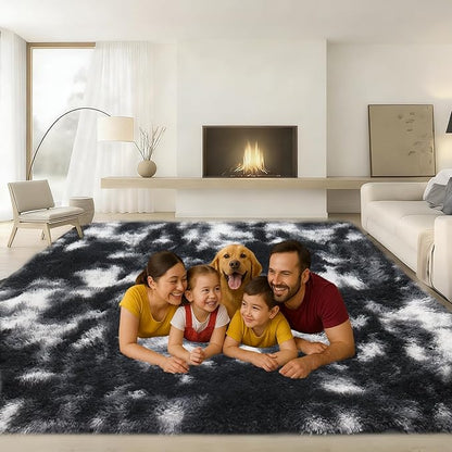 Large 9x12 Area Rug for Living Room, Soft Shag Rugs for Bedroom, Non-Slip Ultra Fluffy Rug,Modern Plush Carpet for Girls Boys Kids Room Dorm,Fuzzy Rug,Black White Grey