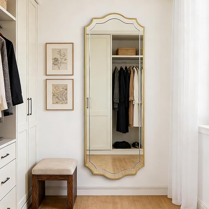 POZINO Large Scalloped Mirror, 63"x24" Rectangle Full Length Mirror with Gold Wood Frame, Modern Aesthetic Wavy Wall Mirrors for Living Room Bedroom Hallway Entryway, Horizontal or Vertical Hanging