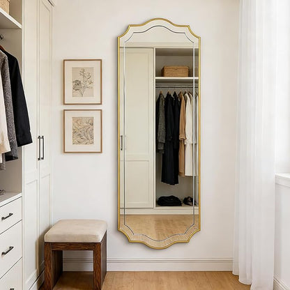 POZINO Large Scalloped Mirror, 63"x24" Rectangle Full Length Mirror with Gold Wood Frame, Modern Aesthetic Wavy Wall Mirrors for Living Room Bedroom Hallway Entryway, Horizontal or Vertical Hanging