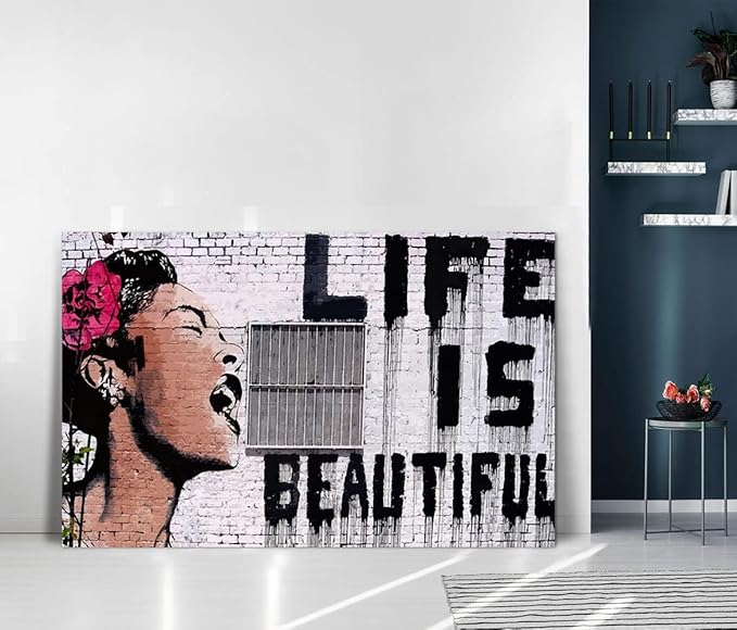 Large Banksy Street Graffiti Women Wall Art Life is Beautiful Graffiti Pop Art Posters Canvas Paintings Artwork for Home Office Decoration Stretched and Framed Ready to Hang - 44"W x 28"H