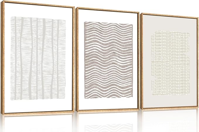 Large Abstract White and Beige Framed Canvas Wall Art,Geometric Dot and Line Wall Decor,Modern Wave Lines Artwork,Neutral Minimalist Shapes Art Print for Living Room,Bedroom,Office- 16"x24"x3