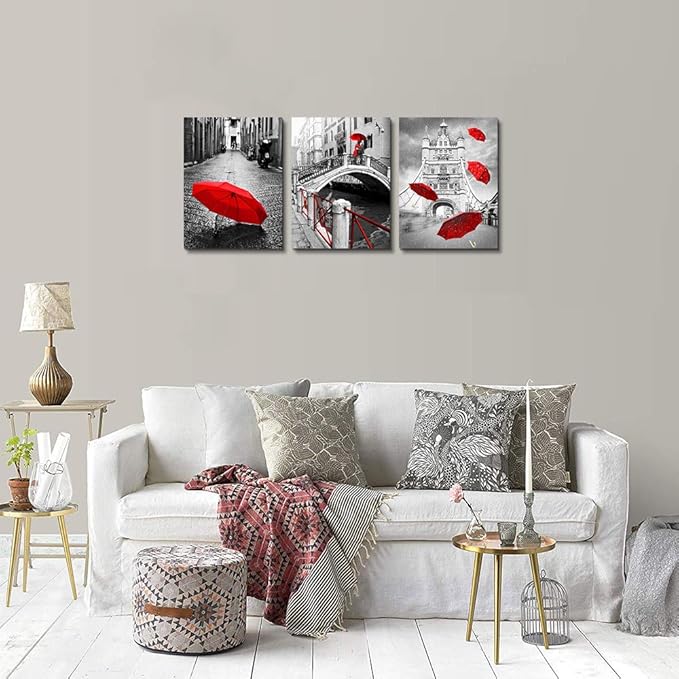 AHUAART Wall Art for Living Room Bathroom Decorations Bedroom Wall decor 3 Piece Framed Artwork modern Canvas Print Office Home Decoration Black and white landscape building red umbrella wall painting