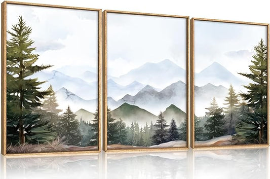 KAIRNE Misty Mountain Landscape Framed Canvas Wall Art Set, Nature Forest Wall Decor, Green Pine Tree Art Prints, Modern Foggy Woodland Artwork for Living Room,Bedroom,Farmhouse,Office-24 x36 x3
