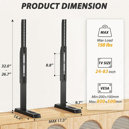 Universal Table Top TV Stand Base for 24-83 inch LCD LED TVs, TV Legs with Height Adjustment and Cable Management Hold up to 150lbs, Max VESA 800x500mm, Black