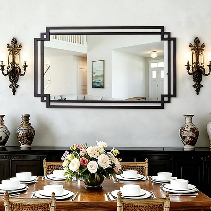 24" x 47" Large Black Mirror for Wall Decor, Elegant Living Room Mirror with Irregular and Rectangular Metal Frame, Modern Bathroom Mirror Above Sink