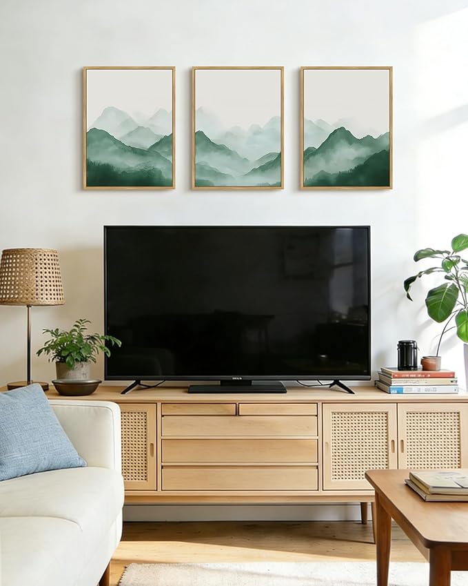 PHOPAGO Green Watercolor Fog Mountains Framed Wall Art Vintage Nature Landscape Artwork Paints Boho Rustic Scenic Room Decor for Dining Room Hallway - 12x16in Natural Framed