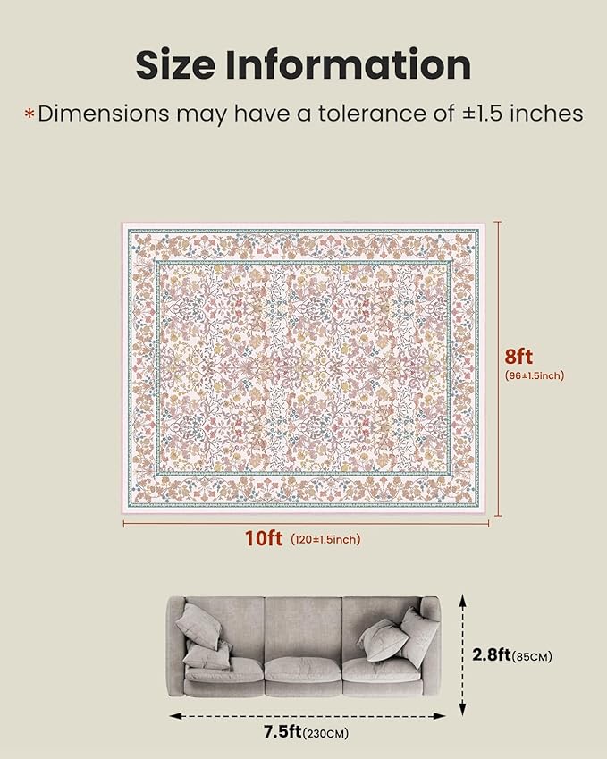 AMADA HOMEFURNISHING 8x10 Washable Area Rugs for Living Room, Non-Slip & Low-Profile Floral Large Area Rug with Durable Edge Binding, Soft Rugs for Living Room, Bedroom, Dining Room
