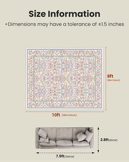 AMADA HOMEFURNISHING 8x10 Washable Area Rugs for Living Room, Non-Slip & Low-Profile Floral Large Area Rug with Durable Edge Binding, Soft Rugs for Living Room, Bedroom, Dining Room
