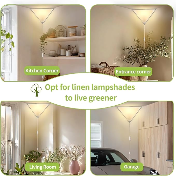 Corner Light with Switch, Ceiling Corner Lights for Living Room, Plug in Ceiling Light for Dark Area, Lamp for Bedroom, Kids Room, Triangle Shape, Linen, Eco-Friendly (2 Pack)