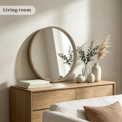 HOMECOOKIN Round Wood Mirror 24 inch Circle Mirror, Rustic Farmhouse Wooden Framed Natural Decorative Wall Decor, Vanity Wall Mirror for Bathroom, Bedroom, Entryway, Living Room (Honey)