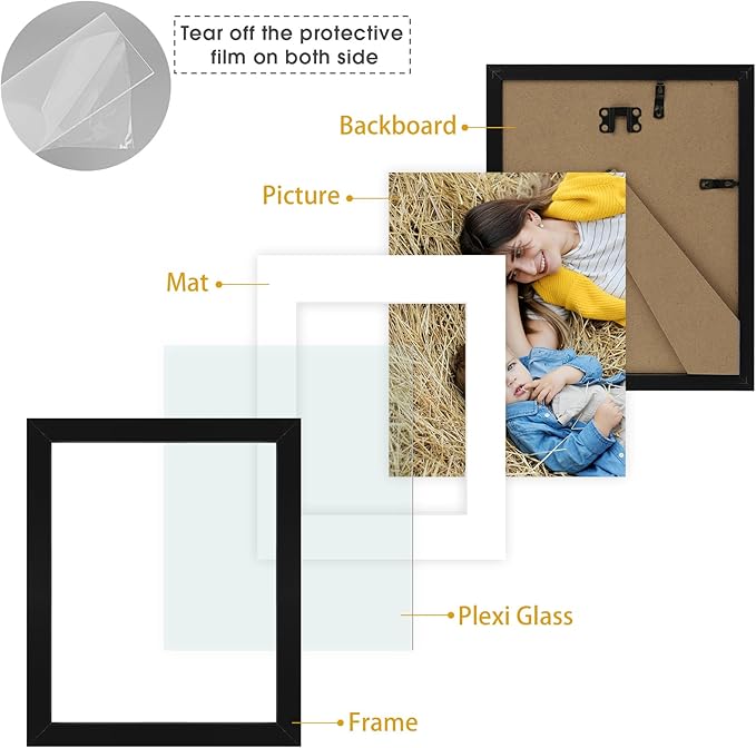 Golden State Art, 8x10 Picture Frame Set of 3 - Matted to 5x7 Photo - Engineered Wood Gallery Frame Set - Wall Mounting or Tabletop Display (Black,3 Pack)