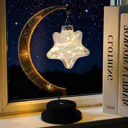 Gold Moon Table Night Light with Hanging Star Ramadan Decorative Lamp Battery Operated for Home Bedroom Shop Dining Holiday Party Eid Festival Decoration