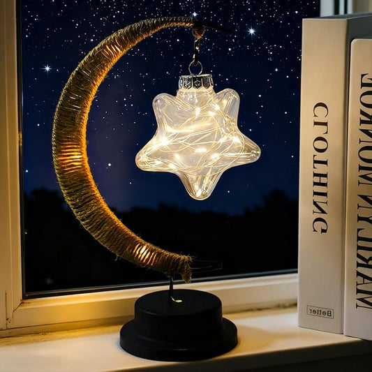 Gold Moon Table Night Light with Hanging Star Ramadan Decorative Lamp Battery Operated for Home Bedroom Shop Dining Holiday Party Eid Festival Decoration