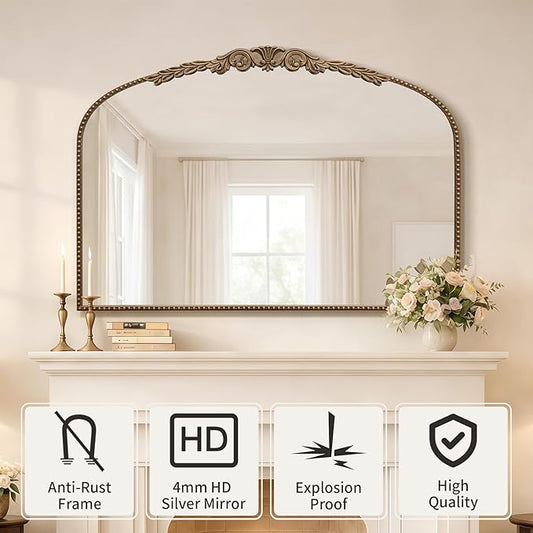 Besdomus Gold Large Fireplace Mirror: 48"x 33" Baroque Vintage Arched Mirror - Traditional Ornate Antique for Bathroom/Vanity/Mantel/Bedroom/Entryway/Hallway - Home Decor for Living Room