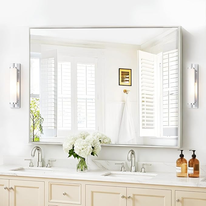 COFENY 40x48inch Silver Bathroom Mirror, Silver Rectangle Mirror with Frame, Large Rectangular Wall Mirrors for Bathroom, Living Room, Hair Salon, Big Farmhouse Mirror Hang Horizontal/Vertical