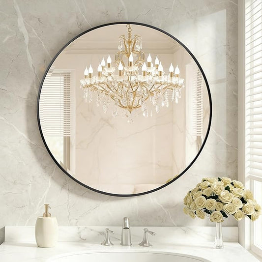 DUMOS 36 Inch Round Wall Mirror, Bathroom Mirror with Metal Frame, HD Reflection Shatterproof Glass Vanity Mirror, Decor for Bathroom Vanity Bedroom Entryway, Black