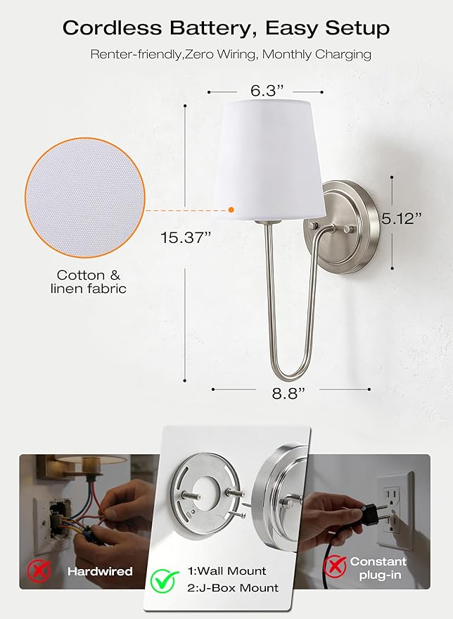 CLOUDY BAY 10000mAh Battery Operated Wall Sconces,Up to 100 Hours with Rechargeable RGB Dimmable Magnetic Bulb,Cordless Wall Lighting Fixtures with Remote for Bedroom,Brushed Nickel,2 Pack-15.4in