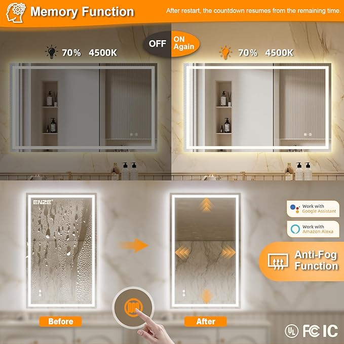 ENZE 24"x40" Smart Lighted Bathroom Mirror for Wall, WiFi App & Voice Control (Alexa/Google), Anti-Fog, 3-Color Dimmable, Built-in Clock, Plug-in/Hardwired Vanity Mirror