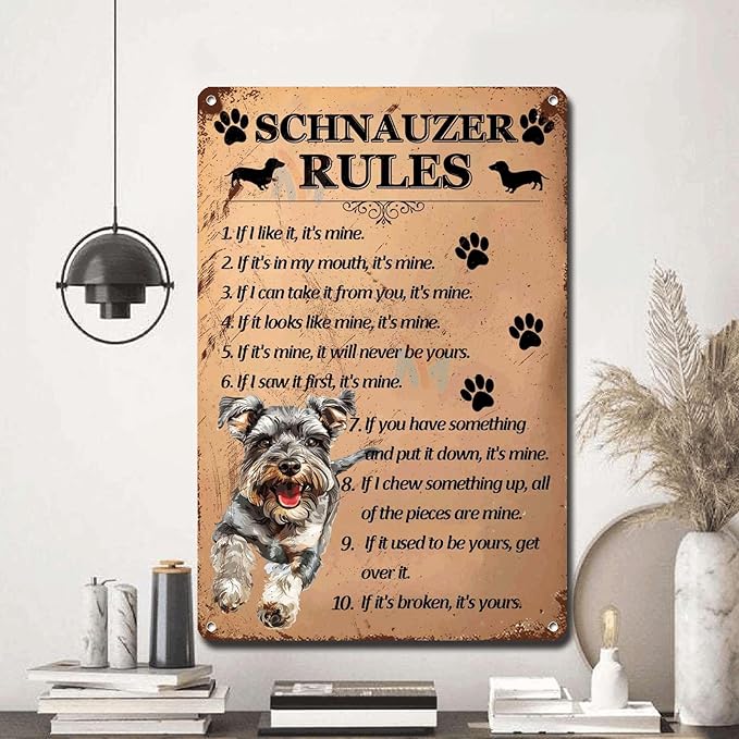 Metal Sign Tin Sign Vintage Wall Art Schnauzer Rules Tin Sign Paper for Bar 8×12 Inches