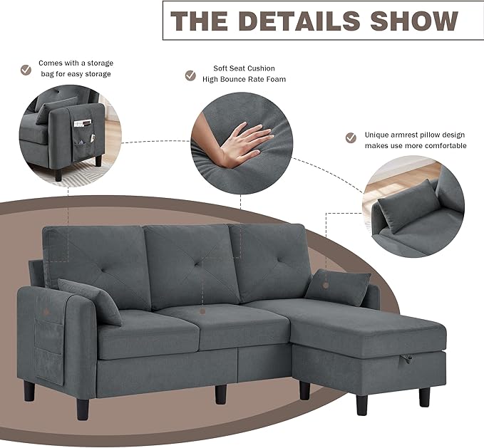 Convertible Sectional Sofa, 77" Small L Shaped 3 Seat Couch with Reversible Storage Chaise, Modern Polyester Fabric Sofa Couches for Living Room, Apartment and Small Space, Dark Grey