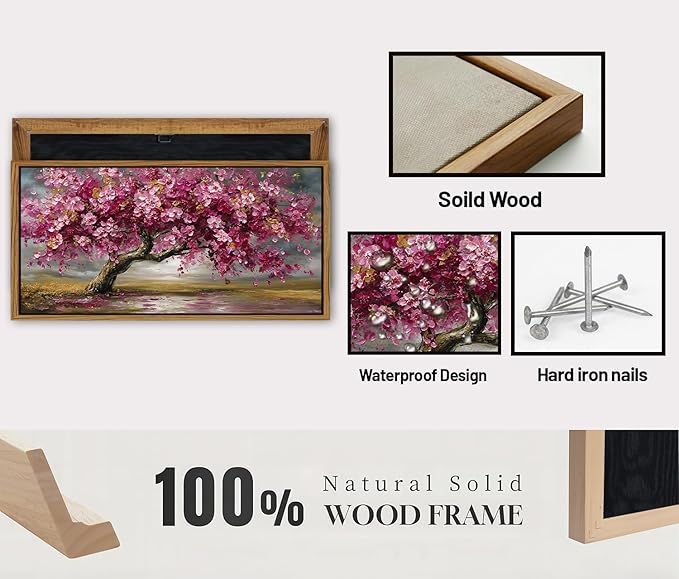 Large Tree of Life Wall Art Vintage Pink Flower Framed Wall Decor for Living Room Abstract Landscape Painting Canvas Prints Retro Nature Texture Picture Bedroom Kitchen Corridor Home Decoration 35x70